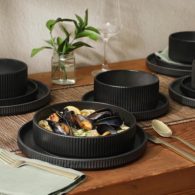 Gibson Elite Deerfield 16-Piece Stoneware Dinnerware Set ??Matte Black Reactive Glaze Plates and Bowls, Stackable, Modern Design, Service for 4 ??Microwave & Dishwasher Safe