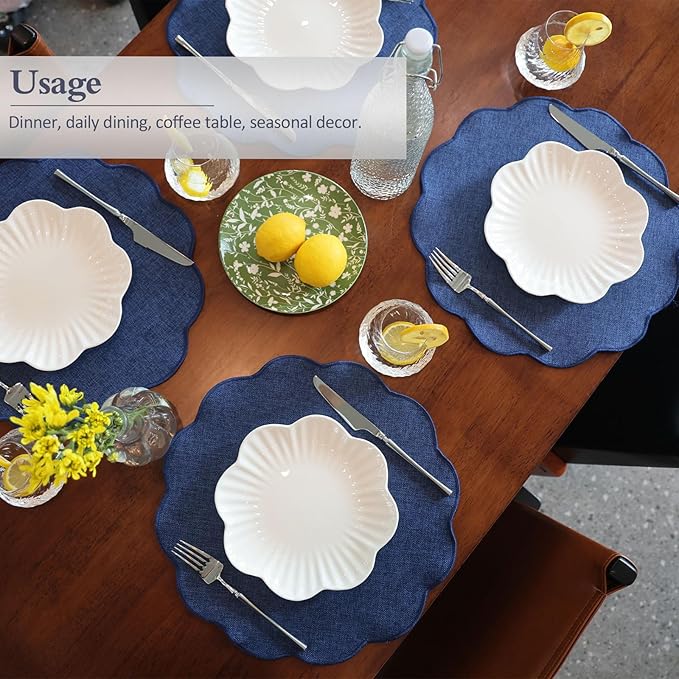 AHHFSMEI Round Faux Linen Placemats Set of 6 Waterproof Table Mats Heat Resistant Non-Slip and Stain Proof for Kitchen Dining Elegant Decor (Navy Blue,6)