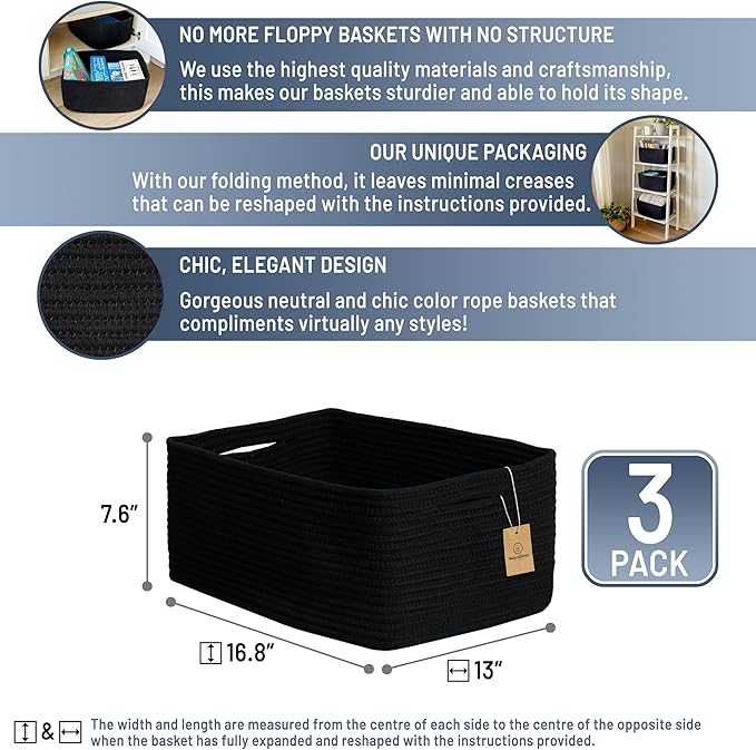 NaturalCozy Storage Baskets 16.8?쓝13?쓝7.6??Cotton Rope Woven Baskets for Organizing 3-Pack | Toy Storage Bins | Basket for Shelves, Laundry, Blanket, Clothes, Closet, Kitchen, Bathroom, Gifts
