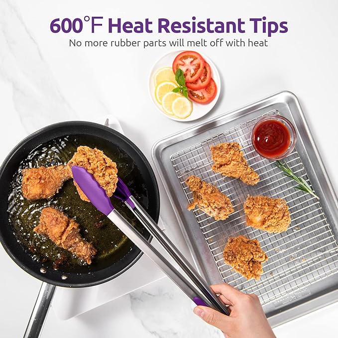 600쨘F Heat Resistant Kitchen Tongs: U-Taste 16 inch Extra Long Large Silicone Cooking Tong with Sturdy Non Stick Rubber Tips & Non Slip Silicon Coated 18/8 Stainless Steel Handle for Grill BBQ(Purple)
