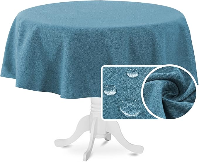 H.VERSAILTEX Linen Textured Tablecloth Round 60 inch Waterproof Decorative Table Cloth Spill-Proof Linen Look Cover for Party Table Extra Soft and Thick Fabric Wrinkle Free, Heather Storm Blue