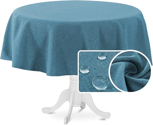 H.VERSAILTEX Linen Textured Tablecloth Round 60 inch Waterproof Decorative Table Cloth Spill-Proof Linen Look Cover for Party Table Extra Soft and Thick Fabric Wrinkle Free, Heather Storm Blue