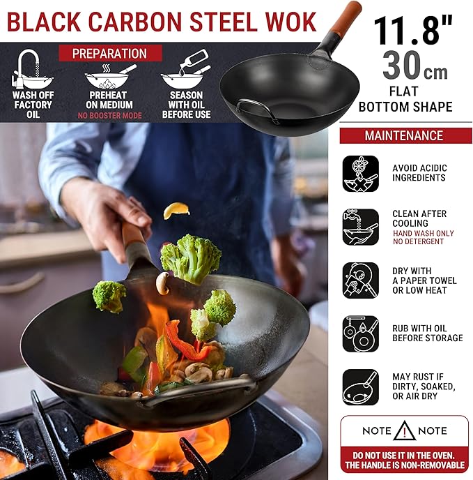 YOSUKATA 11.8" Carbon Steel Wok Pan ??Pre-Seasoned Flat Bottom Pow Wok for Stir Fry, BBQ, Grill & Camping ??Traditional Japanese Chinese Cookware ??Compatible with Induction, Electric, Gas, Open Fire