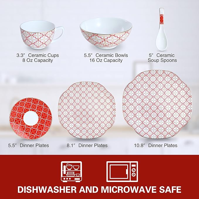 24 Piece Red Poreclain Dinnerware Set,Bone china Set for 4,Ceramic Plates and Bowls Sets With checkered cross pattern,Highly Chip and Crack Resistant | Oven & Dishwasher (Red + Checkered Cross)