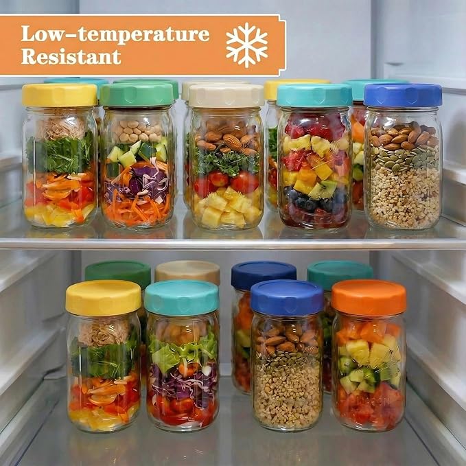 4PCS Salad Jars with 2 Built-in Dressing Containers, 32Oz Cold-resistant Leak-proof Meal Prep Containers, Glass Mason Jars For Storing Salad, Honey, Soybeans, etc. (Color mixing)