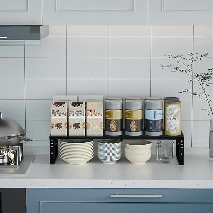Expandable Spice Rack Organizion for Kitchen Cabinet, Seasoning,Bathroom Organizer Display Shelf, Stackable Multi-Purpose Shelves.Easy-to-Install竊?Packs/Black,Medium