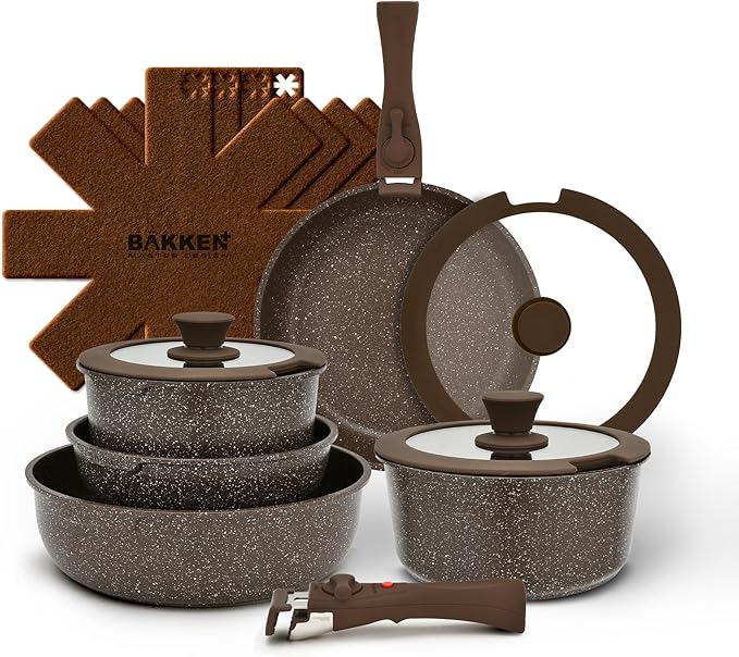 Kitchen Cookware Set - Nonstick Granite Coating, Pots and Pans with Handles and Tempered Glass Lids, PFOA, PFOS, PTFE Free, Ceramic Max Temperature (Up To 500째 F), Set of 15 - Dark Gray