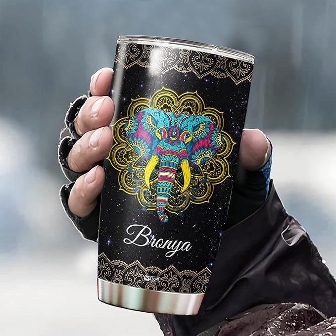 WAZONE Personalized Elephant Tumbler Cup 20 30oz Customized Mandala Elephants Stainless Steel Insulated Travel Mug Custom Name Birthday Christmas Gifts Men Women Double Wall Vacuum
