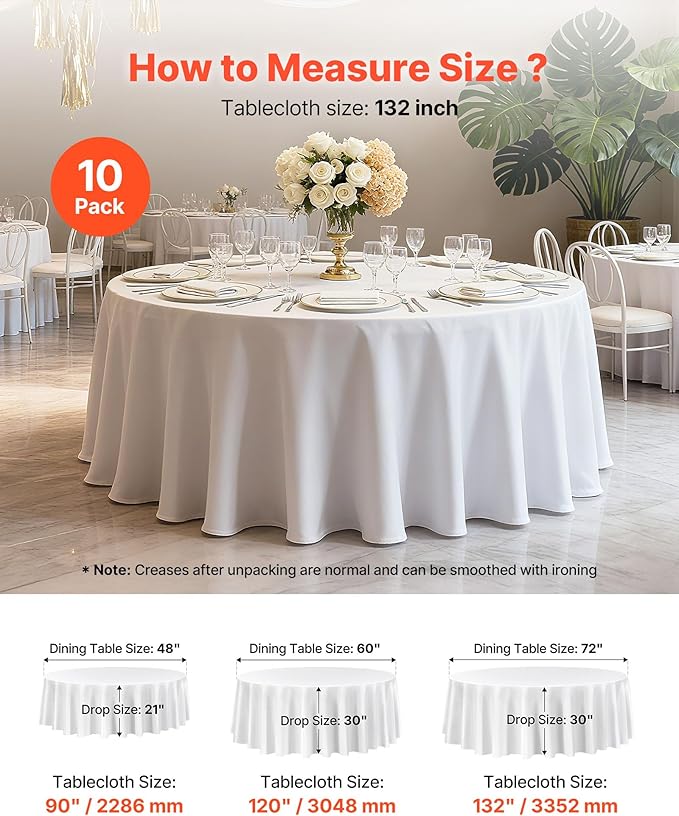 VEVOR White Round Tablecloths 6 Pack, 132 Inches in Diameter, Stain- & Wrinkle- Resistant, Machine Washable Table Clothes, Polyester Fabric Table Covers for Wedding, Party, Banquet, Formal Events