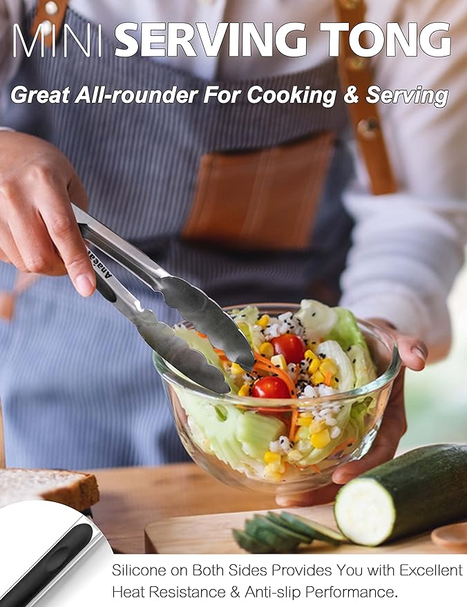 Anaeat 7" Mini Cooking Tong Stainless Steel - Sturdy Coiled Spring Locking Kitchen Food Tong with Non-Slip Silicone Grip for Serving, Cooking, Baking - Heat Resistant up to 480째F (Black)