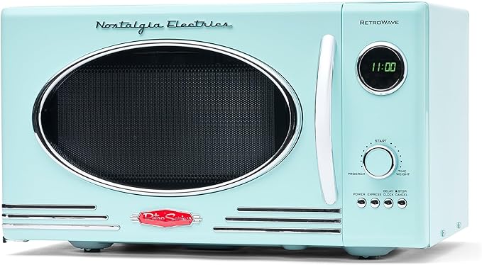 Nostalgia Retro Countertop Microwave Oven, 0.9 Cu. Ft. 800-Watts with LED Digital Display, Child Lock, Easy Clean Interior, Cu.Ft, Aqua