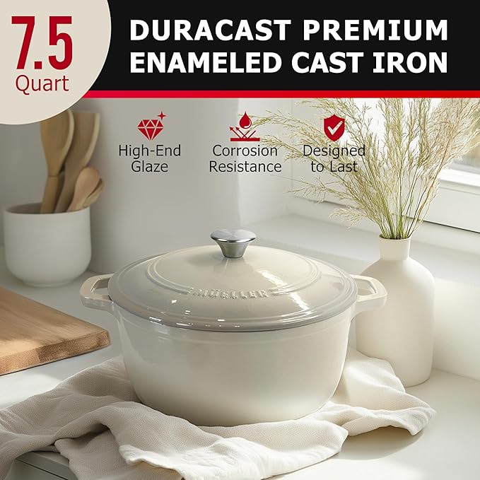 MUELLER HOME 7.5 QT Enameled Cast Iron Dutch Oven, Heavy-Duty Casserole Dish and Braiser Pan with Lid and Stainless Knob, Oven-Safe up to 500째 F & Across All Cooktops, Oyster White