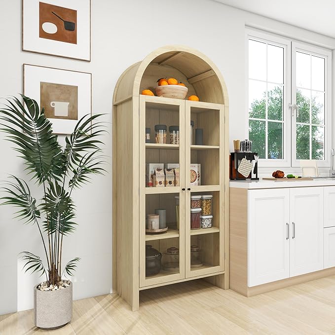 Zateety 70.28" Tall Arched Kitchen Pantry, Modern Farmhouse Wood Kitchen Storage Cabinets, Arched Storage Display Cabinet with Adjustable Shelves, Versatile Cupboard for Kitchen Dining/Living Room