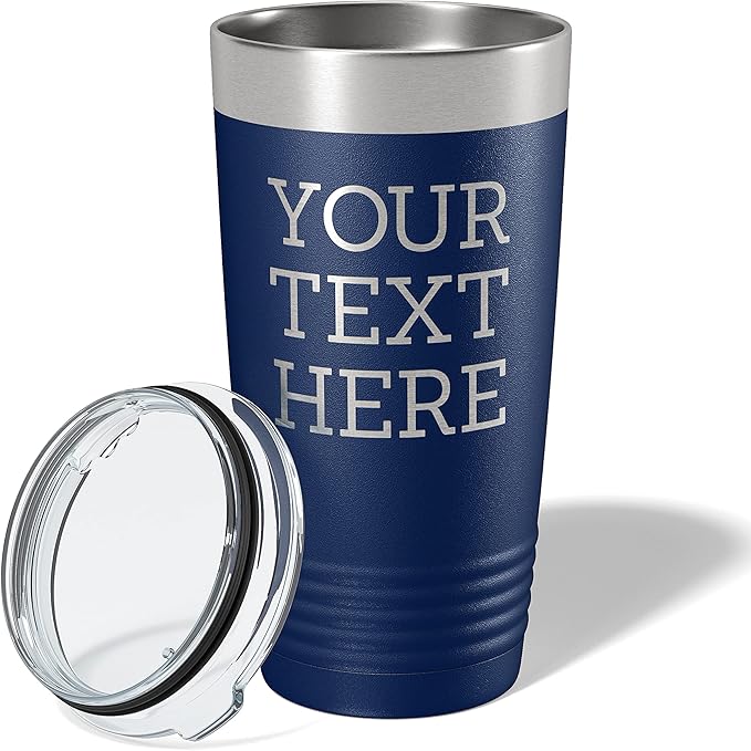 Personalized 20oz (17 Colors) Powder Coated Insulated Stainless Steel Tumbler with Lid, Custom Etched, Customized Text Message Name, Engraved Gift Idea Women Men Him Her, Your Text Here (Navy Blue)