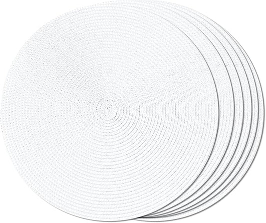 FunWheat Round Braided Placemats Set of 6 Place Mats for Dining Tables Woven Washable Non-Slip Table mats Small 13 inch(S White, 6pcs)