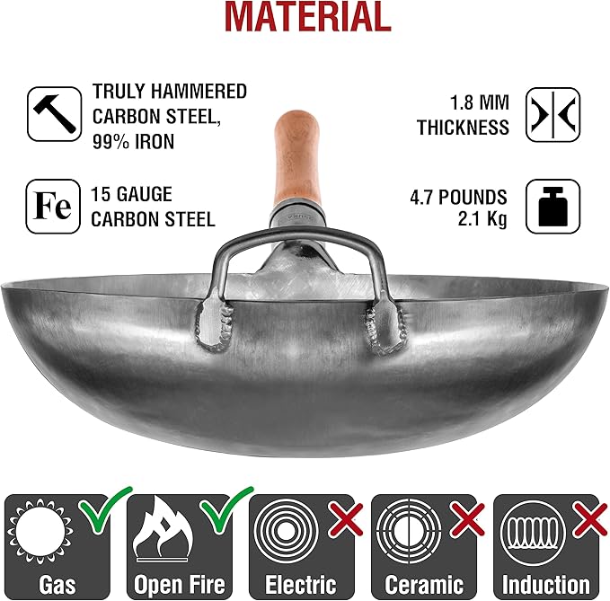 YOSUKATA Silver Round Bottom Pan ??Stir Fry Pans For Cooking + Wok Lid 13.6 Inch - Premium Stainless Wok Cover with Tempered Glass Insert Steam Holes