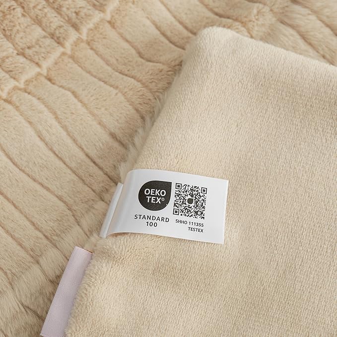 Am챕lie Home Luxury Striped Faux Fur Throw Blanket for Bed Queen Size, Soft Cozy Fuzzy Fluffy Plush Gift Blankets for Women, 88"x90", Beige