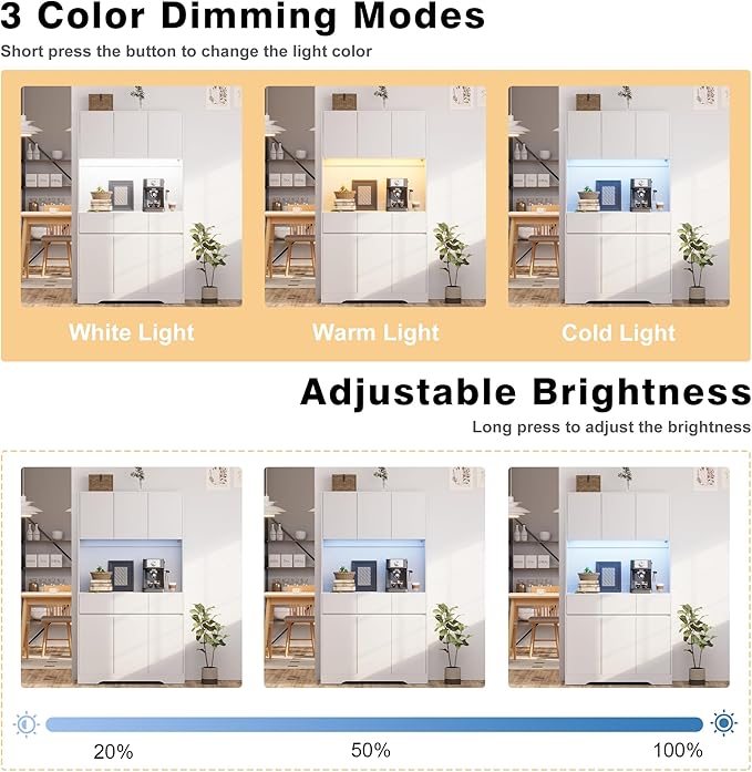 KAMABOKO 71" Kitchen Pantry Cabinet with LED Light and Charging Station Tall Pantry Storage Cabinet with Adjustable Shelves and Door Modern Kitchen Hutch with Microwave Stand and Countertop (White)