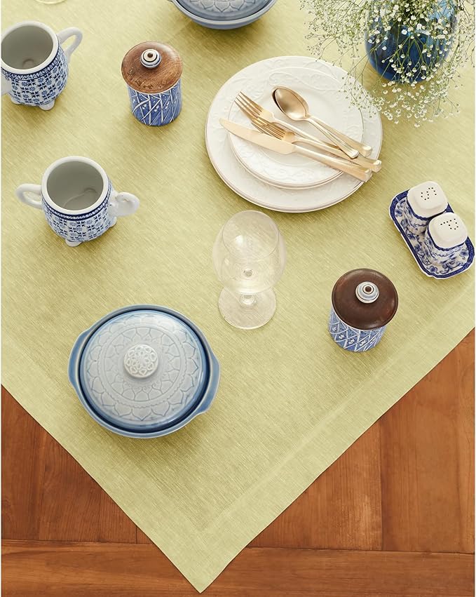 Solino Home Linen Tablecloth 52 x 52 Inch - 100% Pure Linen Square Table Throw - Athena, Machine Washable Chambray Yellow Tablecloth for Spring, Easter