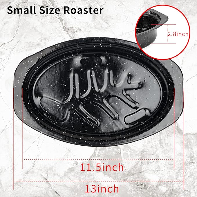 JY COOKMENT Granite Roaster Pan, Small 13??Enameled Roasting Pan with Domed Lid. Oval Turkey Roaster Pot, Broiler Pan Great for Small Chicken, Lamb. Dishwasher Safe Cookware Fit for 7Lb Bird