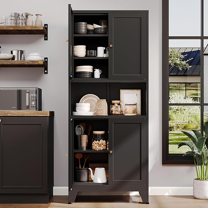 69"H Black Pantry Kitchen Cabinet with Microwave Stand,Black Metal Storage Cabinets,Freestanding Pantry Cabinet,Farmhouse Food Storage Cabinets,Tall and Large Pantry Cabinets for Kitchen, Dining Room