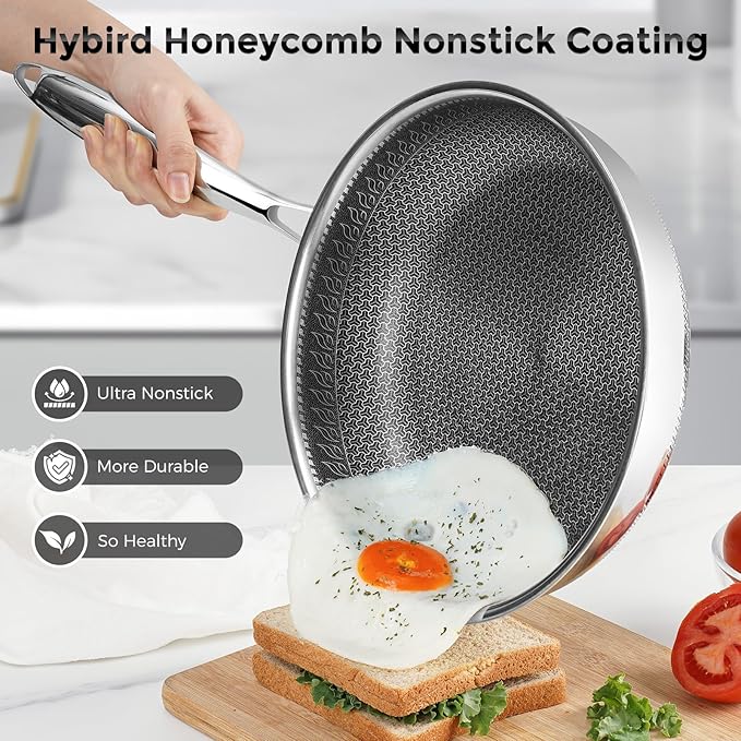 10.5 inch Frying Pan Nonstick with Lid, 2.5 Qt Deep Non Stick Stainless Steel Saut챕 Pan Skillet, Dishwasher and Oven Safe, Compatible with All Cooktops