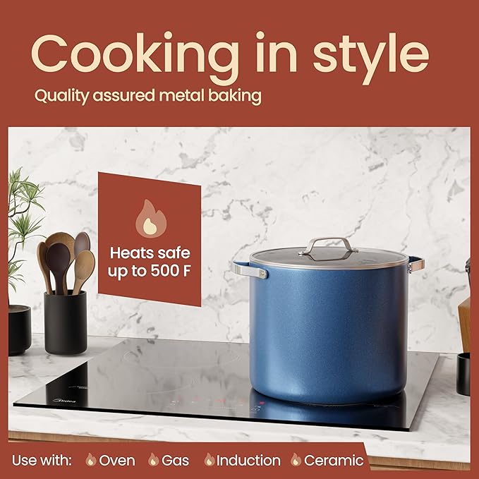 Bakken 12.5 Quart Ceramic Coated Stock Pot with Lid, Easy Clean Nonstick Pot, Tempered Glass Lid, Riveted Stainless Steel Handles, Oven Safe Up To 500째F, PTFE & PFAS Free, All Stove Compatible, Blue