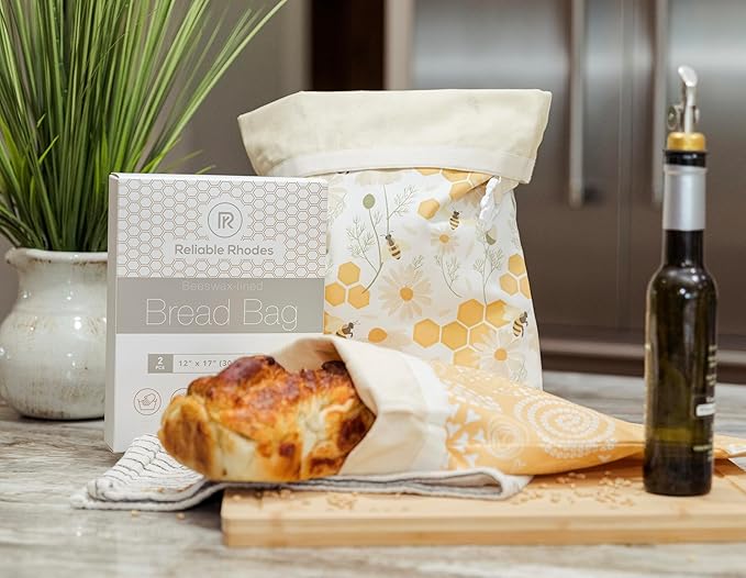 Reusable Beeswax Bread Bag 2 Pack ??2x17 Bread Bag for Homemade Sourdough, Beeswax Coated Organic Cotton Storage Bag for Loaf Baguette, Freezer Safe, Eco-Friendly Wrap Honeybee