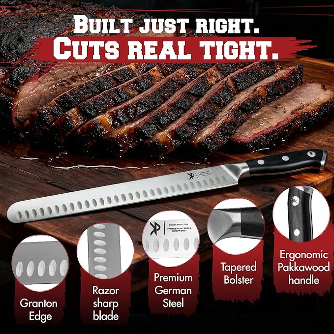 Kitchen perfection 12??Brisket Knife for Carving & Slicing Meat - Ultra Sharp Premium German Steel Granton Edge with Sheath, Full Tang Ergonomic Handle.For BBQ, Turkey & Ribs- Grilling Gifts for Men