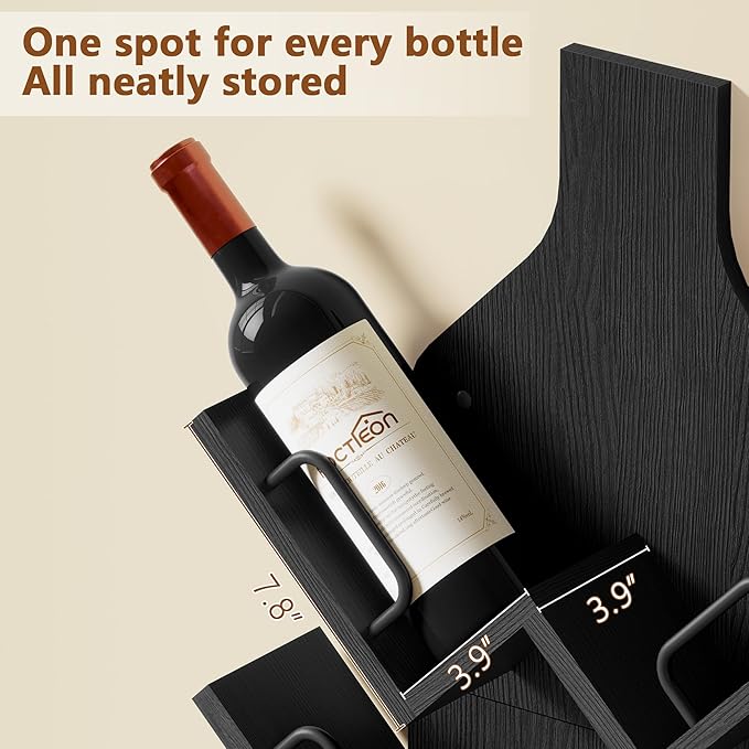 Hoctieon Wine Rack Wall Mounted, 6 Bottles Wood Wine Rack for Display and Storage, Hanging Bottle Holder Bar Shelves for Living Room, Kitchen, Dining Room, Wine Cellar, Black