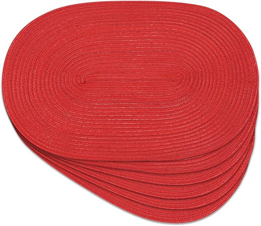 Noctiflorous Oval Braided Placemats Set of 6 Woven 12x18 Inch Non Slip Washable Heat Resistant Place Mats Round Tablemats for Dining Kitchen Party Daily Table Decor Dinner Mats (Red Shine, 6)