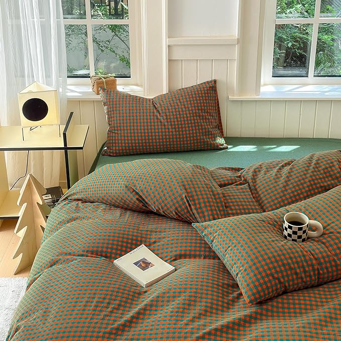 LifeTB Queen Comforter Set Modern Style Orange Green Gingham Comforter Lightweight Plaid Checkered Pattern Comforter Soft Fluffy Gingham Bedding Set Farmhouse Grid Plaid Comforter Set Queen