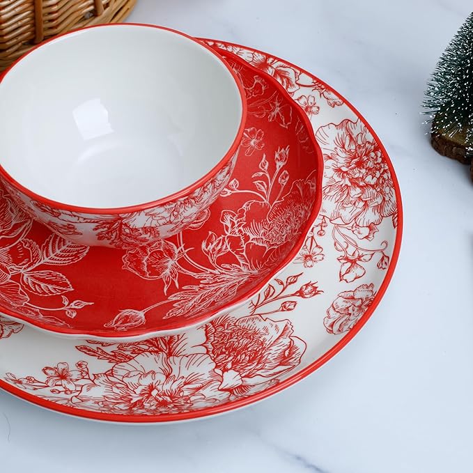 12-Piece Red Rose Dinnerware Set, Porcelain Plates with Full Red Pattern, Service for 4, Microwave and Dishwasher Safe