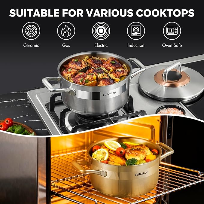 Hybrid Nonstick 4-Quart Stockpot,9.5 Inch Stainless Steel Stockpot with Lid,Non-stick Soup Pot,PFAS PFOA PTFE Free,Dishwasher-Friendly, Oven-Safe Up to 600째F,Compatible with All Cooktops