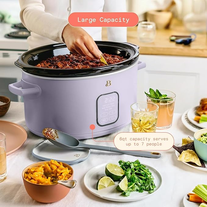 Beautiful 6 Quart Programmable Slow Cooker, 5 Cooking Presets, Digital Countdown Timer, Dishwasher Safe Parts by Drew Barrymore (Lavender)