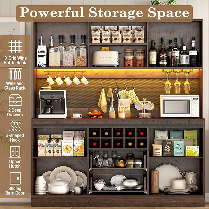 74" Tall 63" Wide Large Coffee Bar Cabinet w/ Outlet,6000-color LED Light,Pegboard,Farmhouse Hutch Cabinet w/Barn Door,2 Big Drawers,Adjustable Shelves,10 Wine & Glasses Rack,5 Hook for Kitchen,Brown