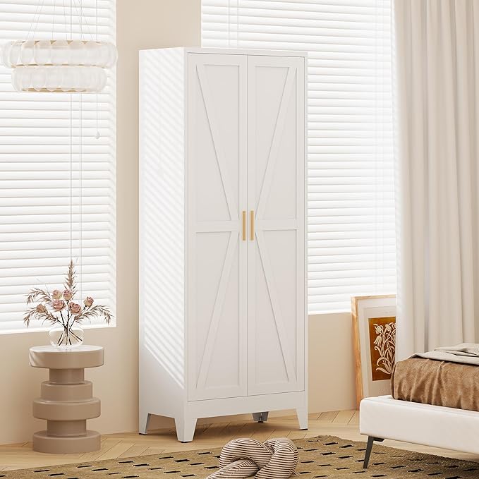 71" H Tall Kitchen Pantry Cabinet,Metal Food Storage Cabinets, White Kitchen Cabinet with Doors and Shelves, Large Freestanding Cabinets with Storage for Dining Room, Living Room
