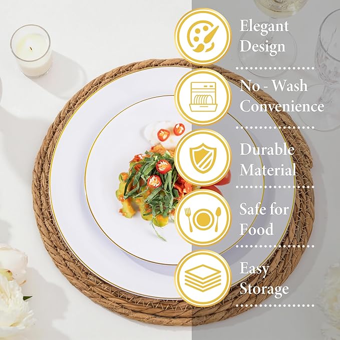 Nervure 100 Pieces Gold Plastic Plates - 10.25 inch Gold Dinner Plates - Heavyweight White and Gold Disposable Plates Ideal for Wedding & Party & Thanksgiving