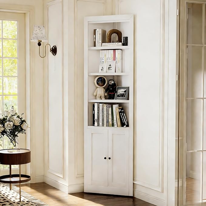 Metal Pantry Storage Cabinet with 4 Adjustable Shelves, 71" Tall Corner Cabinet for Bathroom, Corner Shelf Cabinet for Kitchen, Dining Room, Living Room, Assembly Required(White)