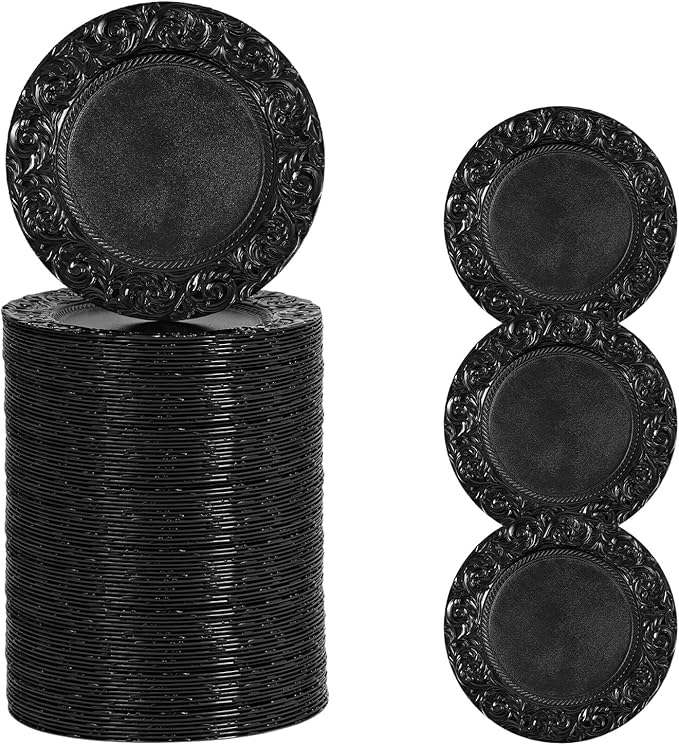 150pcs Black Charger Plates, 13" Round Reusable Decorative Flower Relief Carving Bulk Chargers for Dinner Plates, Wedding, Bridal Shower