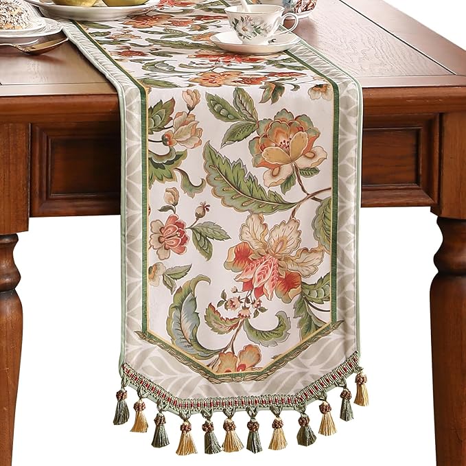 patdrea Designer Elegant French Floral Velvet Table Runner, Fresh Green with Orange Blossoms Pattern Table Mat, Decoration for Kitchen Dining Coffee Table Cabinet Banquet Thanksgiving,12"*87"