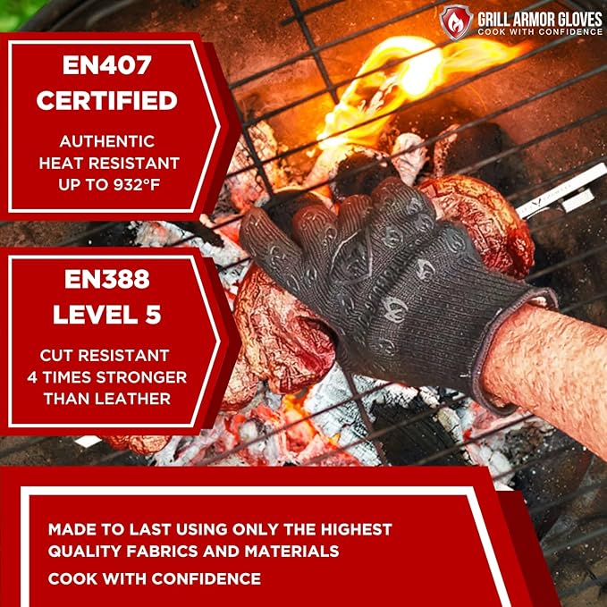 Grill Armor Oven Gloves ??932째F Heat, Fire & Cut Resistant Mitts for BBQ, Grill, Cooking, Grilling, Baking, Smoker & Fire Pit