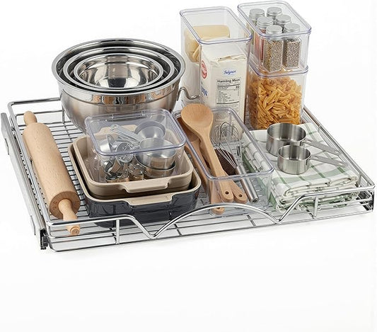 HOLDN??STORAGE Pull Out Cabinet Organizer, Heavy Duty Caddy w/Lifetime Limited Warranty -26?쓂 x 21?쒭 - Requires At Least 27-1/4??Cabinet Opening, Steel Metal Cabinet Drawers Slide Out, Chrome