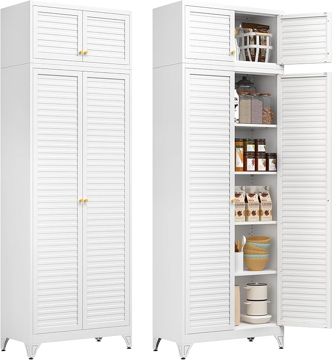 Kitchen Pantry Cabinet, 90" Tall Metal Storage Cabinet, Food Pantry cabinets with Doors and Shelves, Steel Cabinets for Living Room, Dining, White,16" D x 32" W x 90" H, Assembly Required