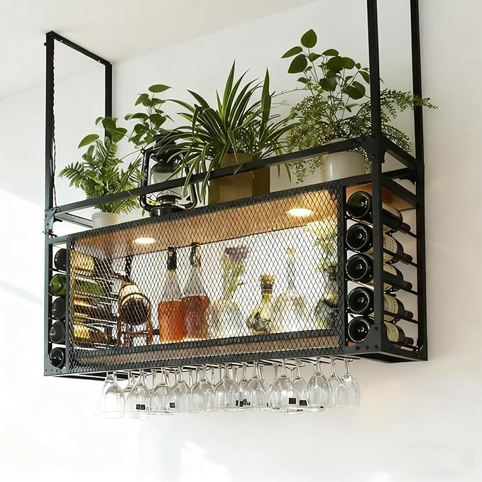 63in Wall Mounted Wine Racks, Hanging Wine Rack, Large Capacity Wine Holder, Can Hanging Or Wall Mounted, Simple Type with Light Wine Rack for Bar, Restaurant, Indoor (BLACK, 63 * 11.8 * 21.6in)