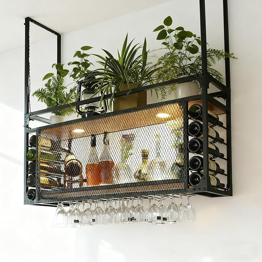 63in Wall Mounted Wine Racks, Hanging Wine Rack, Large Capacity Wine Holder, Can Hanging Or Wall Mounted, Simple Type with Light Wine Rack for Bar, Restaurant, Indoor (BLACK, 63 * 11.8 * 21.6in)