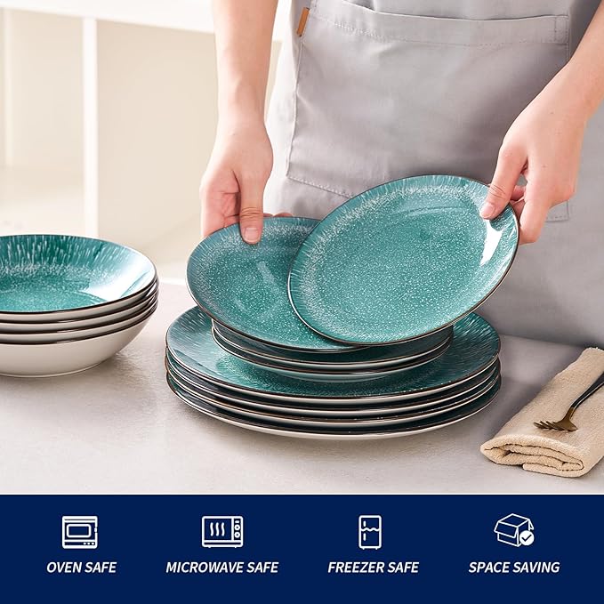Bestone 12-Piece Round Porcelain Dinnerware Set, Service for 4, Chip Resistant Plates and Bowls,Green, Dishwasher & Microwave Safe for Home Daily Use