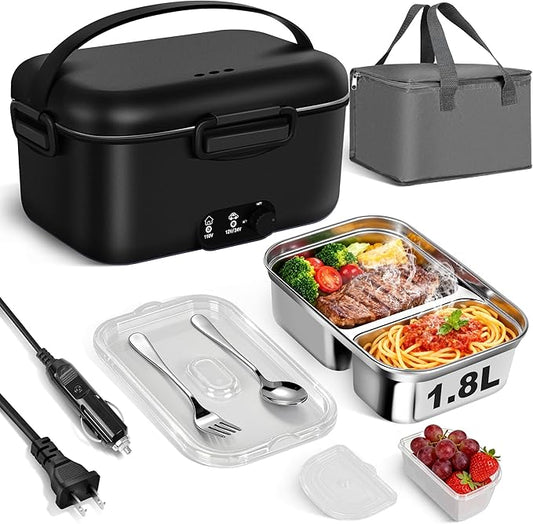 Electric Lunch Box Food Warmer 1.8L - 100W Mechanical Temperature Control Heated Lunch Box for Adults, 12V/24V/110V Fast Heating Lunchbox Food Heater for Work/Car/Truck, Fiambrera el챕ctrica port찼til