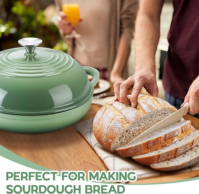 E-far Dutch Oven for Sourdough Bread Baking, 6 Qt Round Enameled Cast Iron Dutch Oven for Homemade Artisan Bread, Dome Lid & Shallow Base, Matte Black Interior & Durable, Oven-Safe to 500?? Green