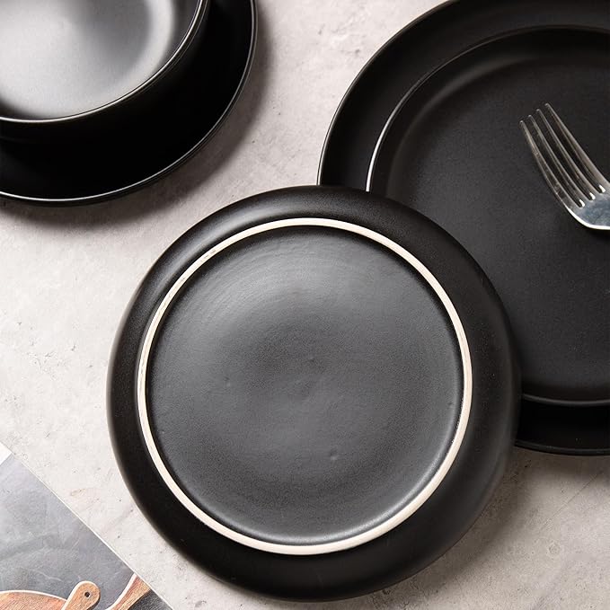 Furrnook 12-Piece Stoneware Dinnerware Set with Mugs | Microwave and Dishwasher Friendly | Stackable Matte Glaze Plates & Bowls | Service for 3 (Black for 4)